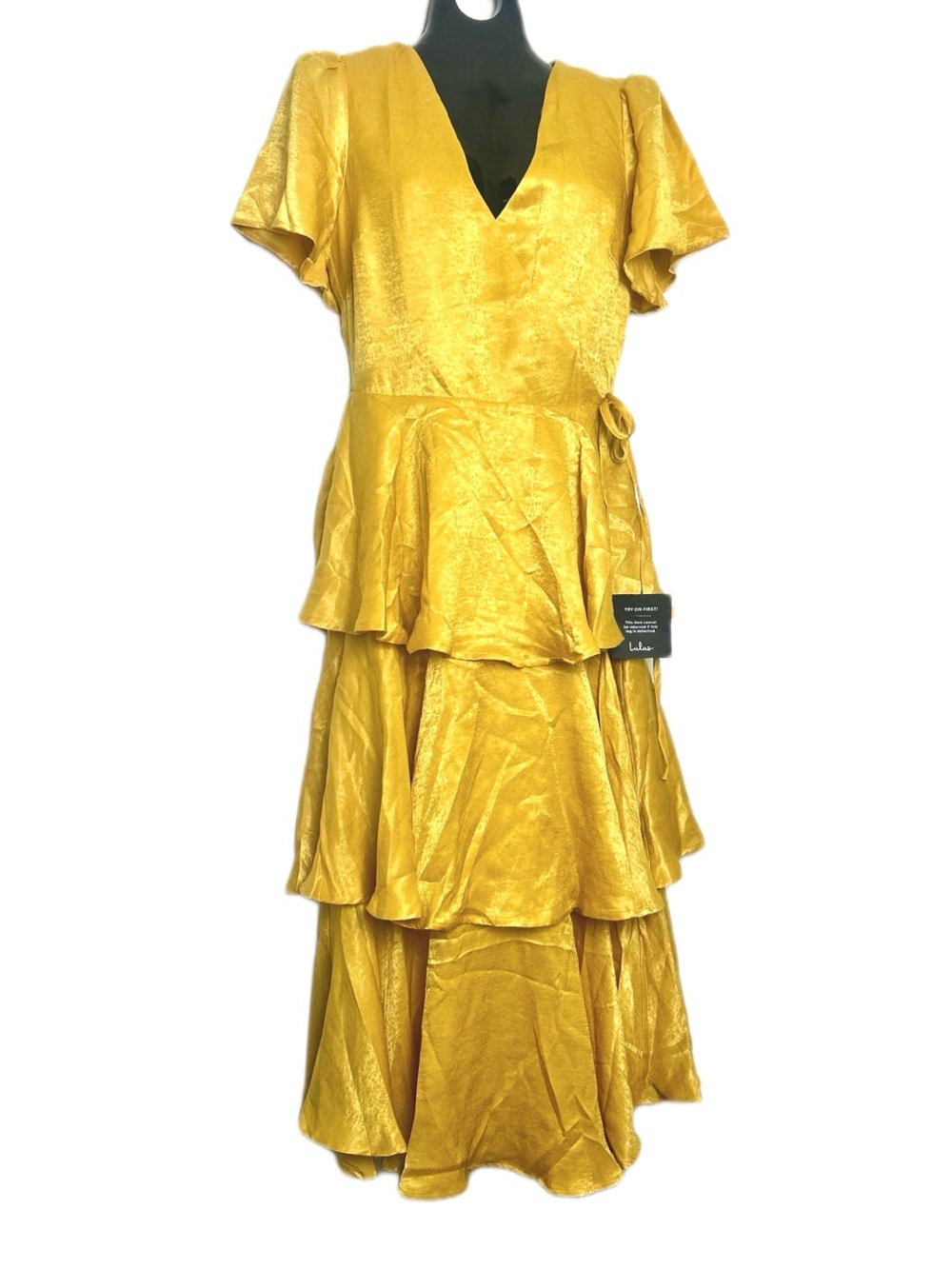 Lulus “Always Forever” Mustard Flutter Sleeve Tiered Satin Midi Dress.